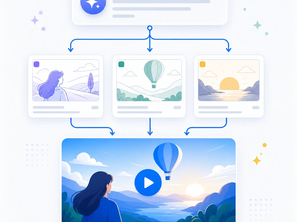 テキストシナリオから絵コンテを経てAI動画を自動生成するパイプライン図