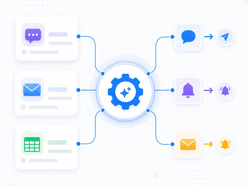 Slack・メール・Google SheetsをAI自動化ハブが統合管理するインフォグラフィック