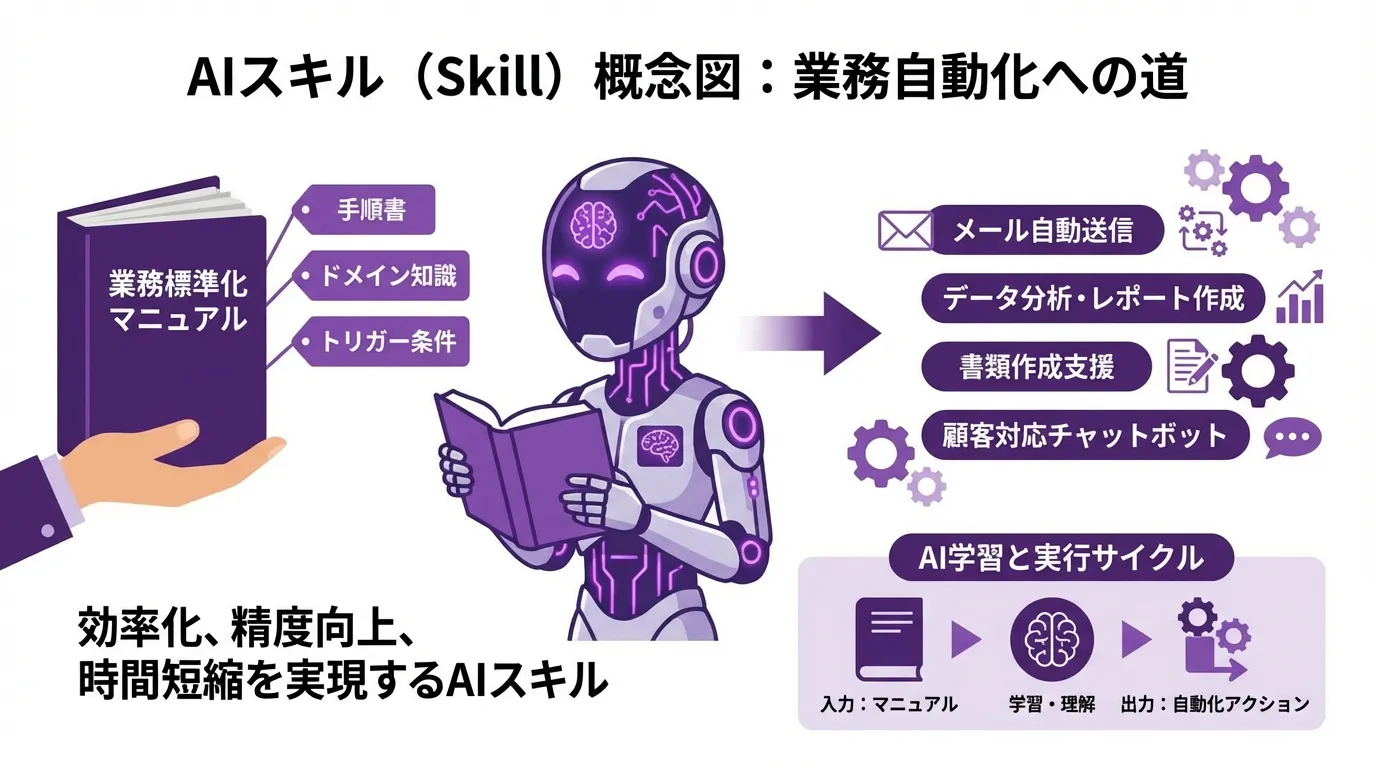 Diagrama conceptual que muestra cómo un Skill añade conocimiento y procedimientos, como un manual, a un agente de IA
