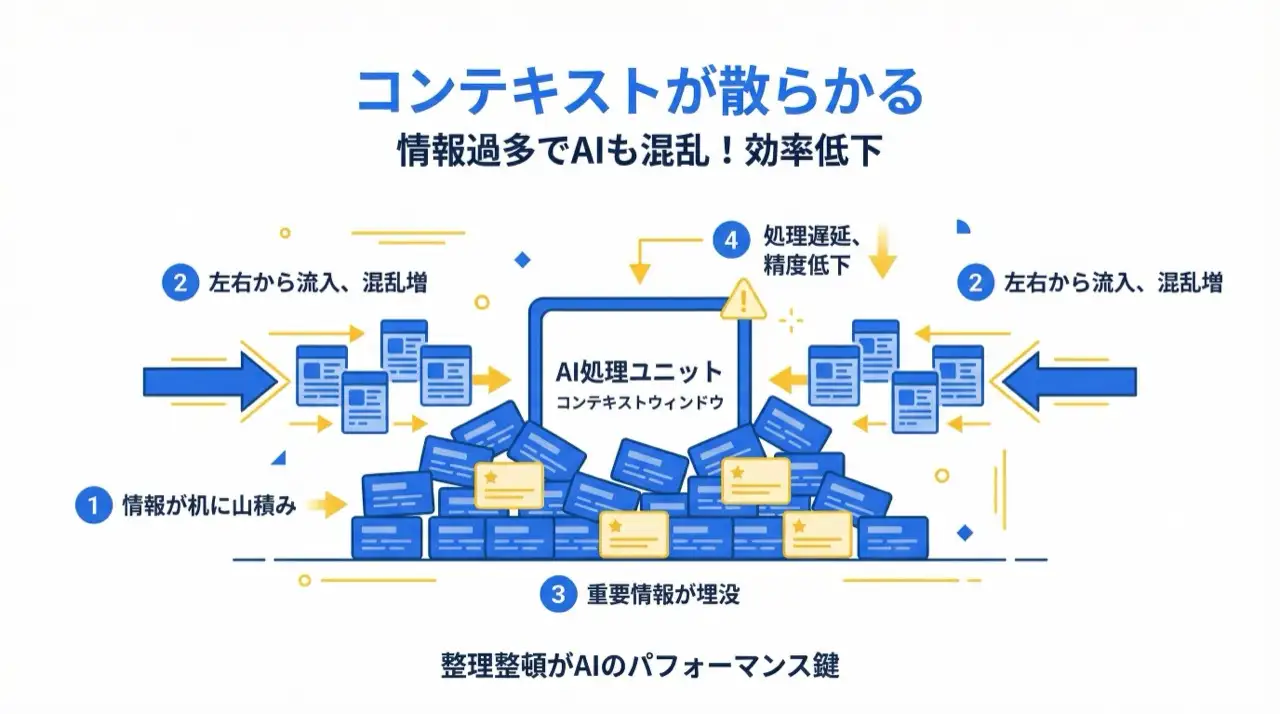 コンテキストウィンドウが散らかった机のように情報過多になる様子を表した図