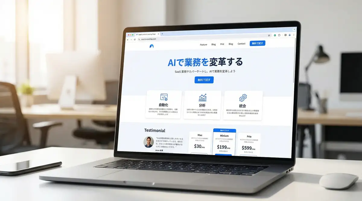 AIで制作したモダンなSaaSランディングページのサンプル