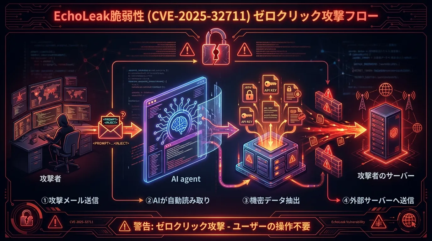 EchoLeak攻撃の流れ — 攻撃メール受信からデータ窃取までを示した図